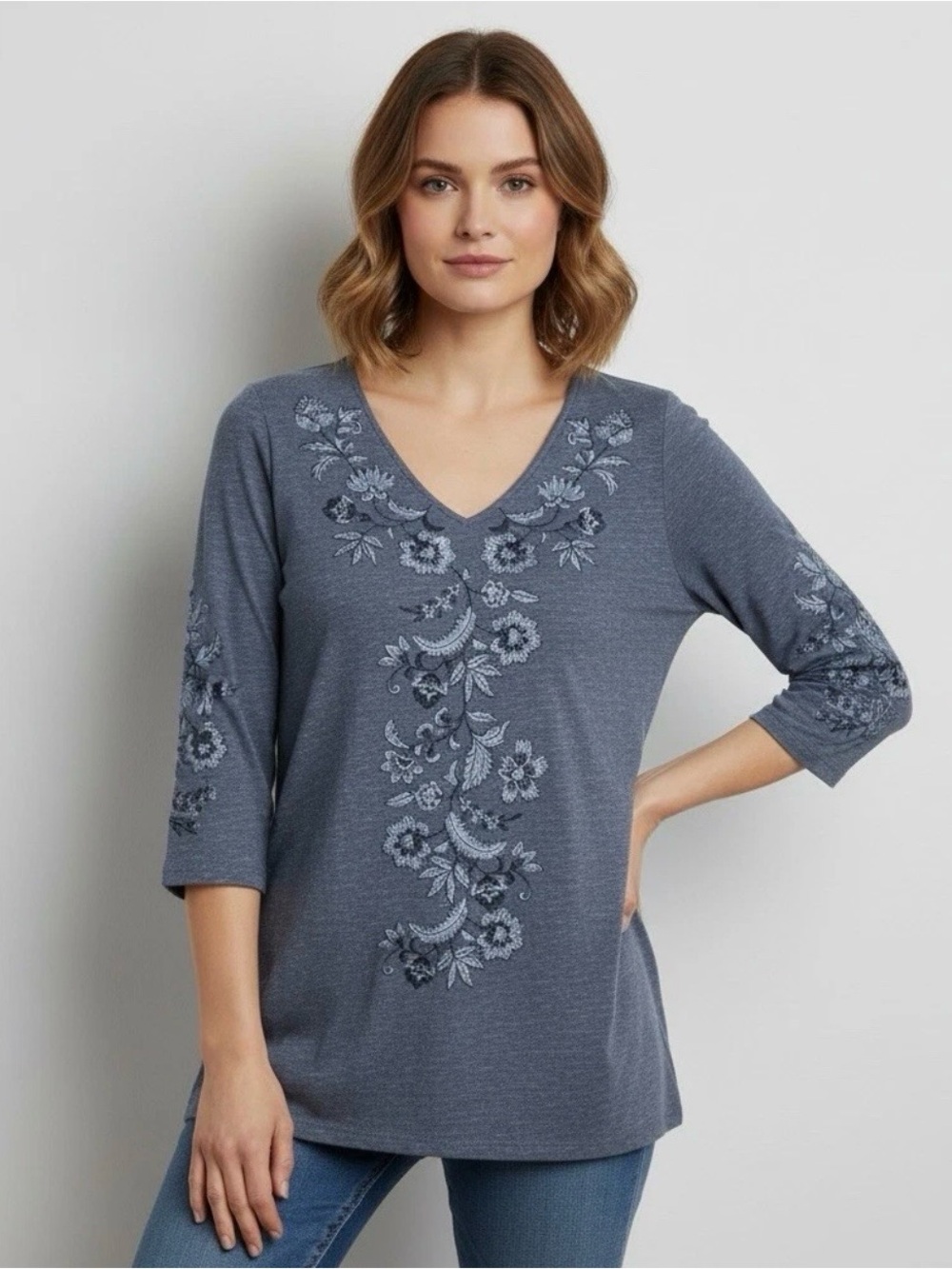 Pure Jill Embroidered Women Floral Blue Tunic XS 3/4 Sleeve Boho Preppy Western